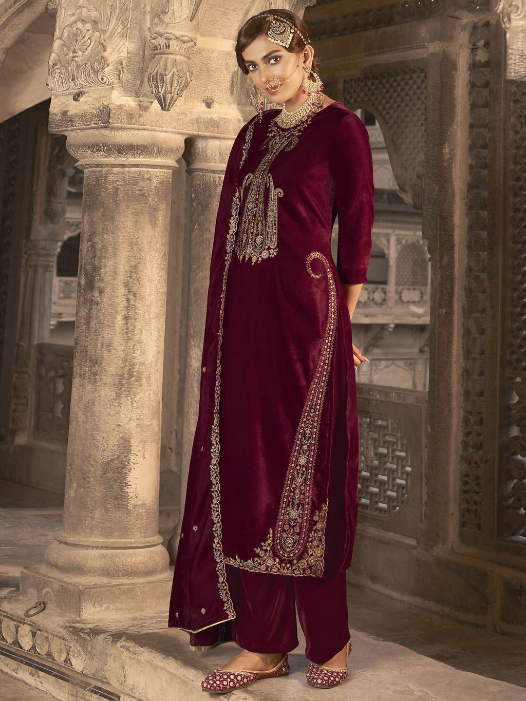 Jyoti Fashion Women's Maroon Velvet Floral Resham Thread with Jari work Kurta with Trouser & Dupatta