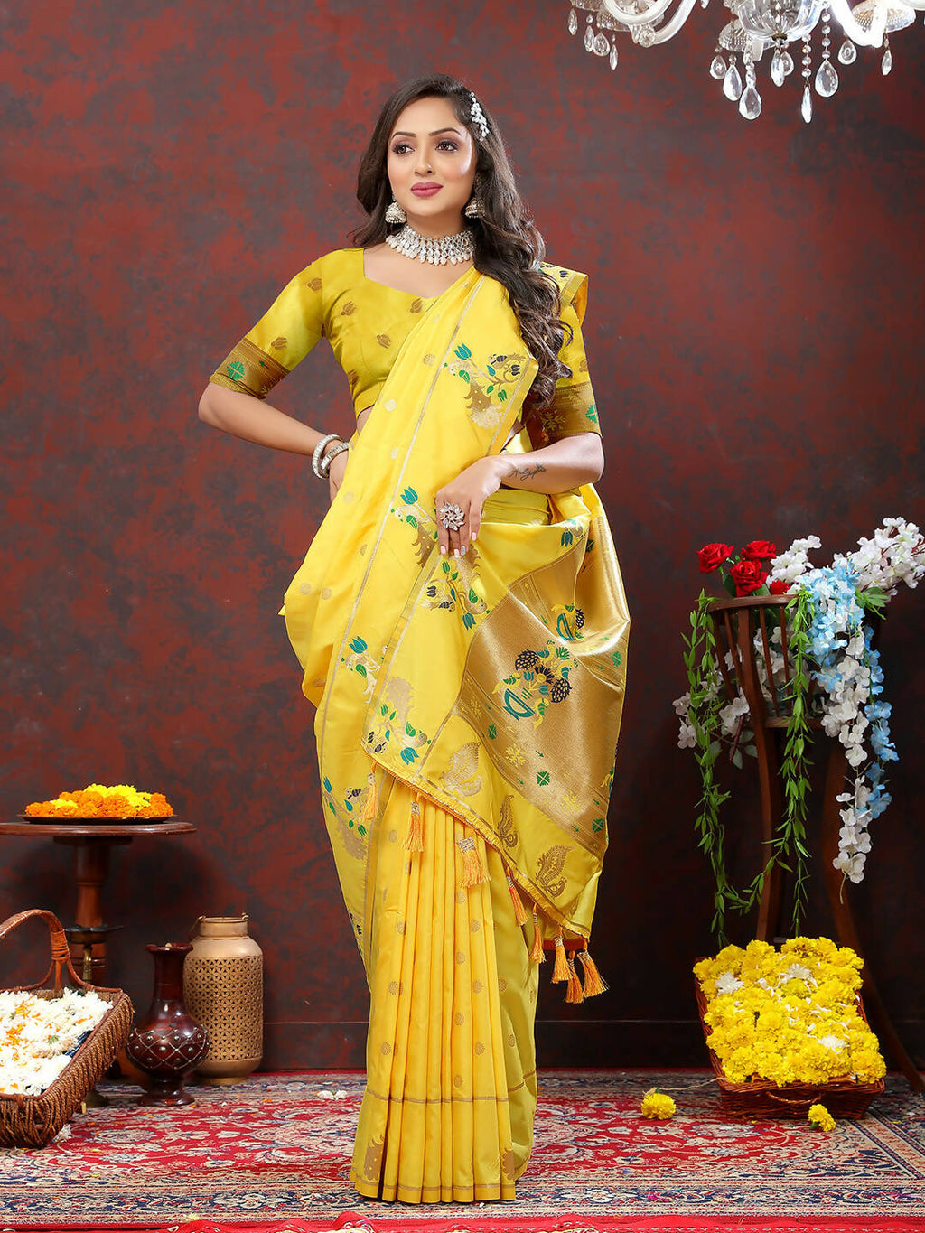 Lorenvalley Fashion Yellow Soft Paithani Silk Woven Design Gold Zari Meenakari Weaving Saree