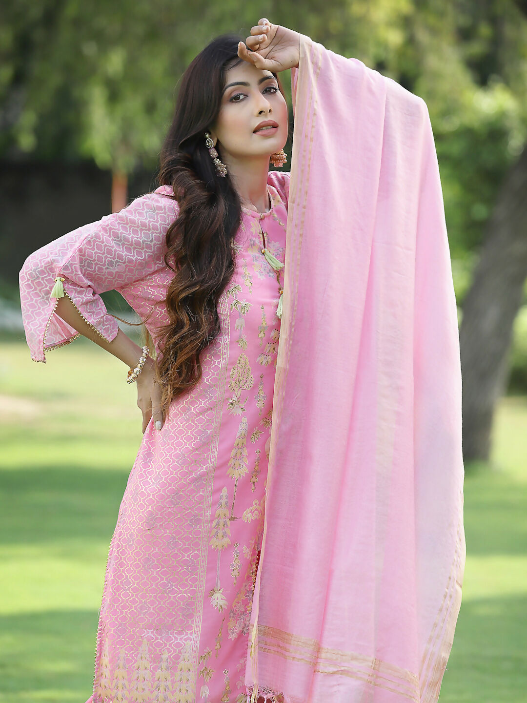 Juniper Pink Ethnic Motif Printed Georgette Kurta Pants & Dupatta Set With Tassels & Lace