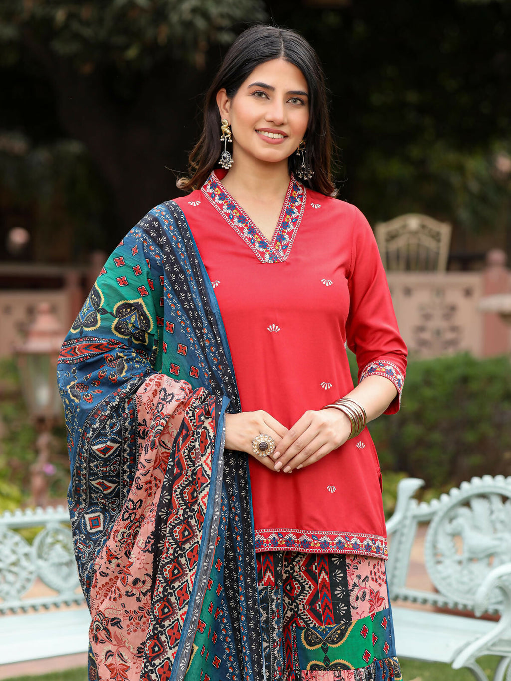 Juniper Women's Rust Thered Embroidered Rayon Kurta Sharara & Voile Dupatta Set