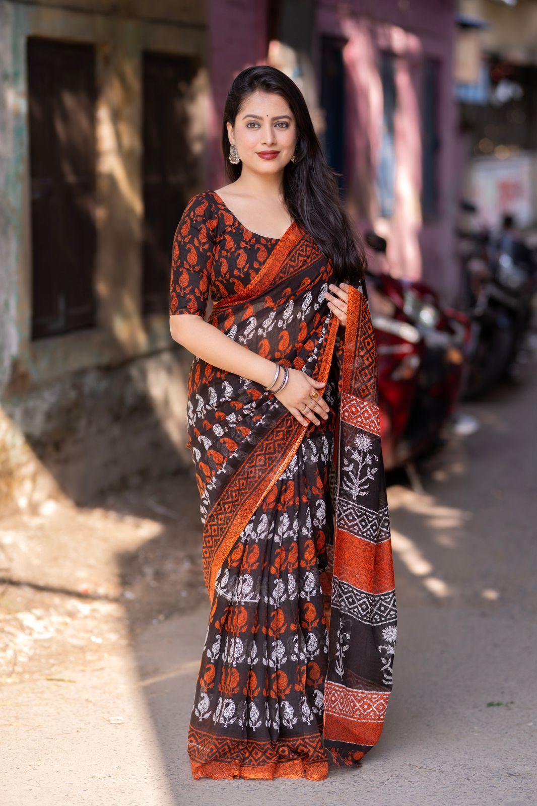 Orange Linen Blend Ethnic Motifs Saree with Unstitched Blouse - A2M
