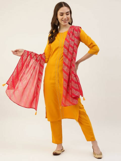FIORRA Women's Yellow Poly Crepe Straight Kurta Pant With Dupatta
