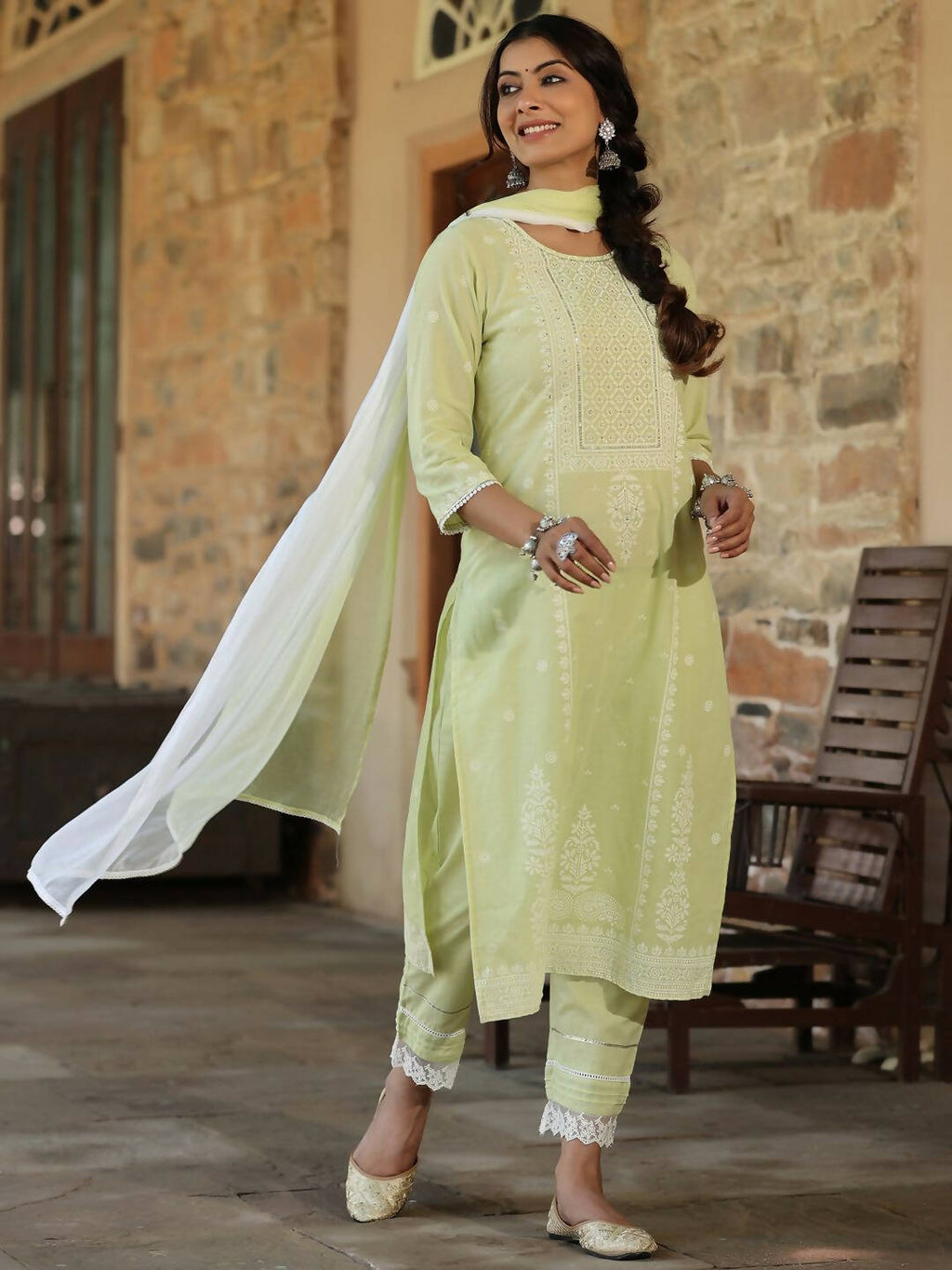 Juniper Women's Lime Green Cambric Floral Print Kurta Straight Pant And Duptta Sets