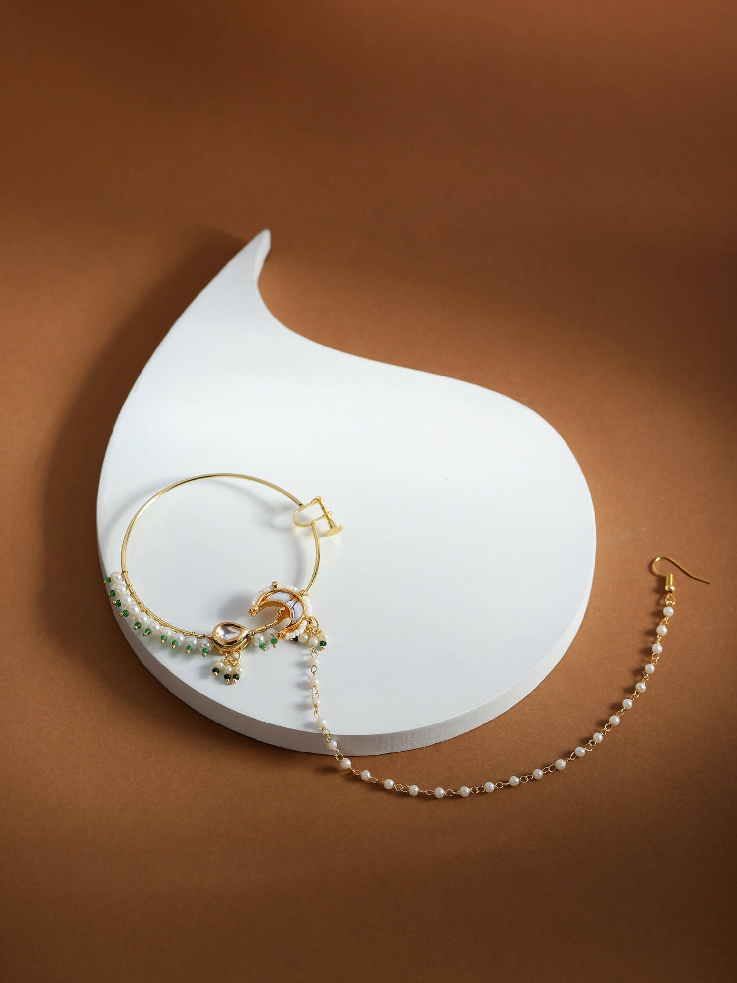 Gold-Polished White Green Kundan-Studded Pearl Beaded Nosepin - Ruby Raang