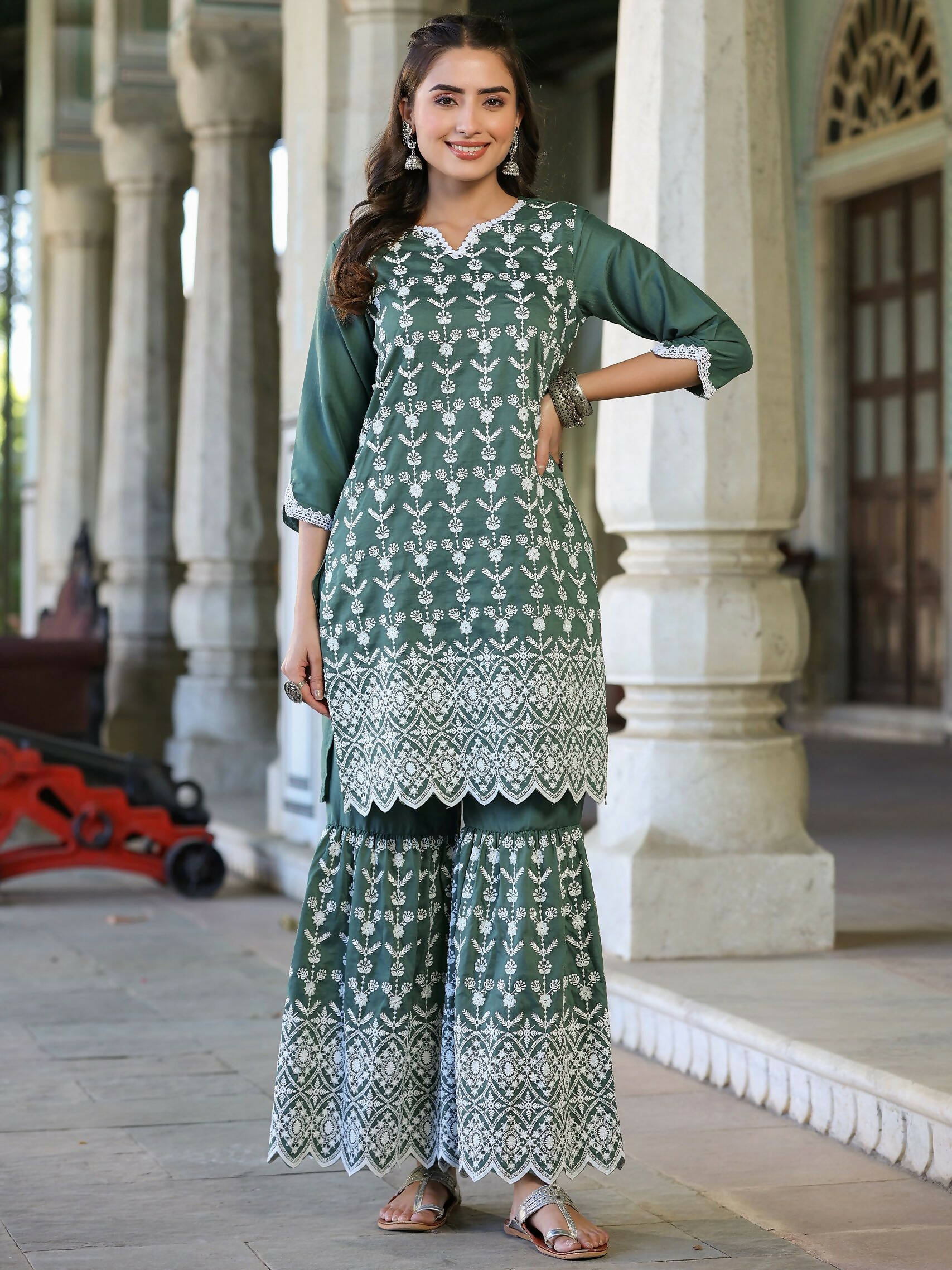 Juniper Women's Green Chinnon Embroidered Kurta Garara Set