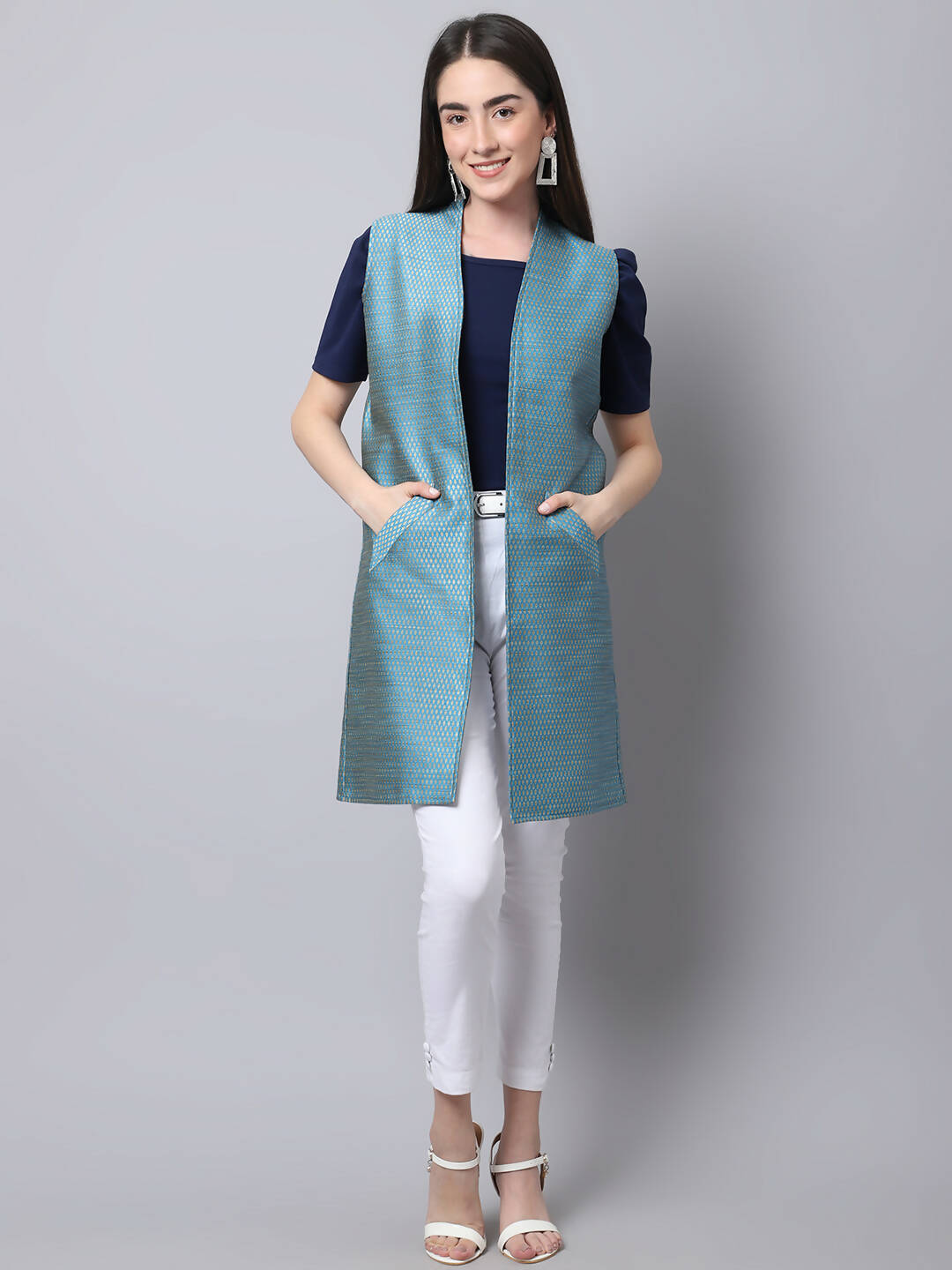 Even Apparels Blue Bansari Silk Open Front Women's Long Coat