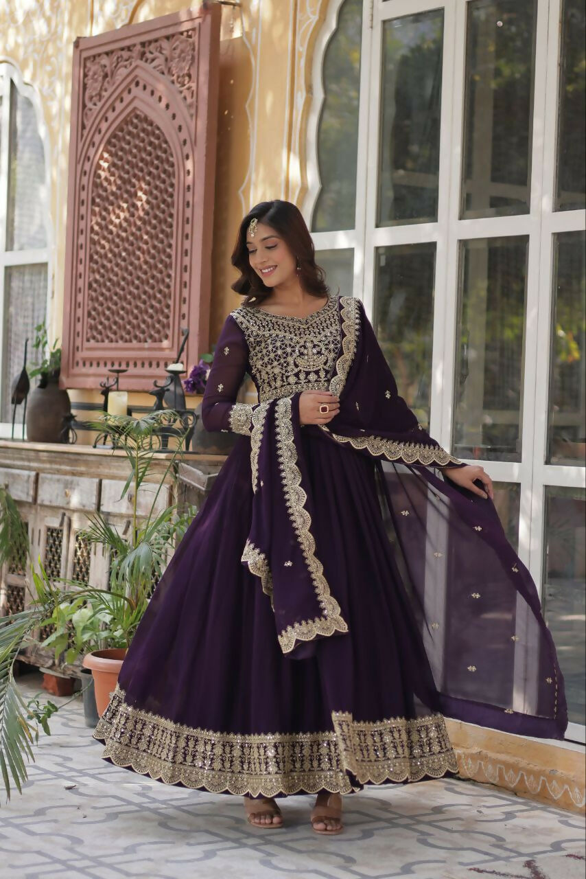 Vastranavya Faux Blooming with Embroidery Zari Sequins-work Gown & Dupatta - Purple