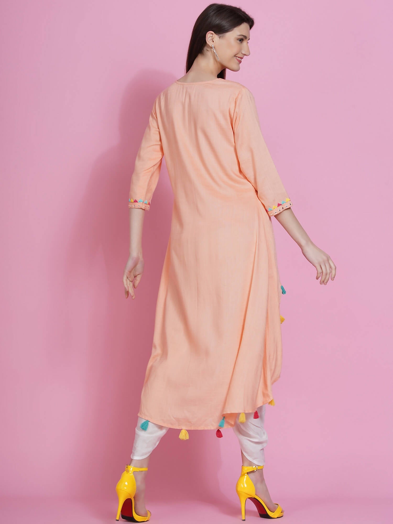 Women Republic Peach Rayon Embroidered Kurta With Mirror Work And Tulip Pants