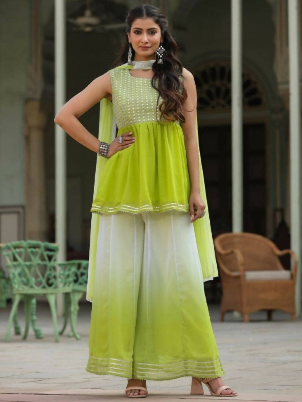 Juniper Women Green Georgette Embroidered Kurta, Palazzo and Dupatta Set
