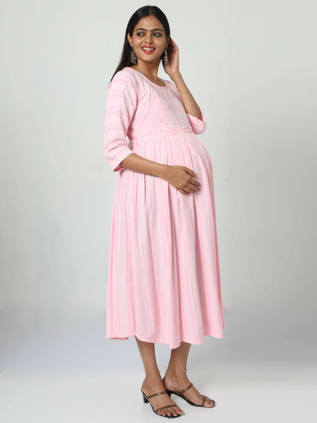 Manet Three Fourth Maternity Dress Striped With Concealed Zipper Nursing Access - Pink