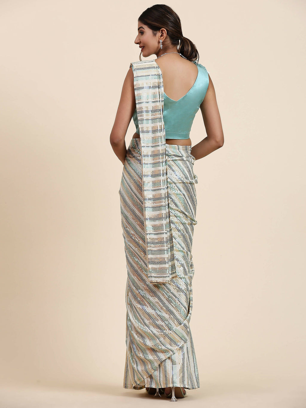 Sky Blue Pure Georgette Sequence work Ready to wear Saree with stitched Blouse - Satiksha