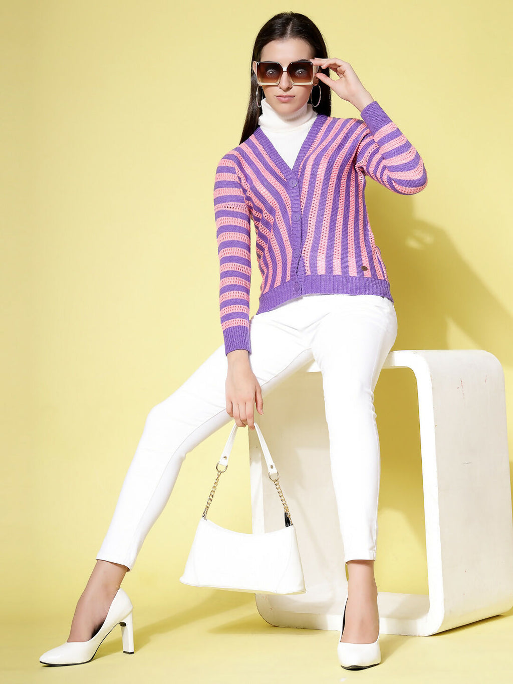 Women Violet Acrylic Stripe Cardigan - Wool Trees
