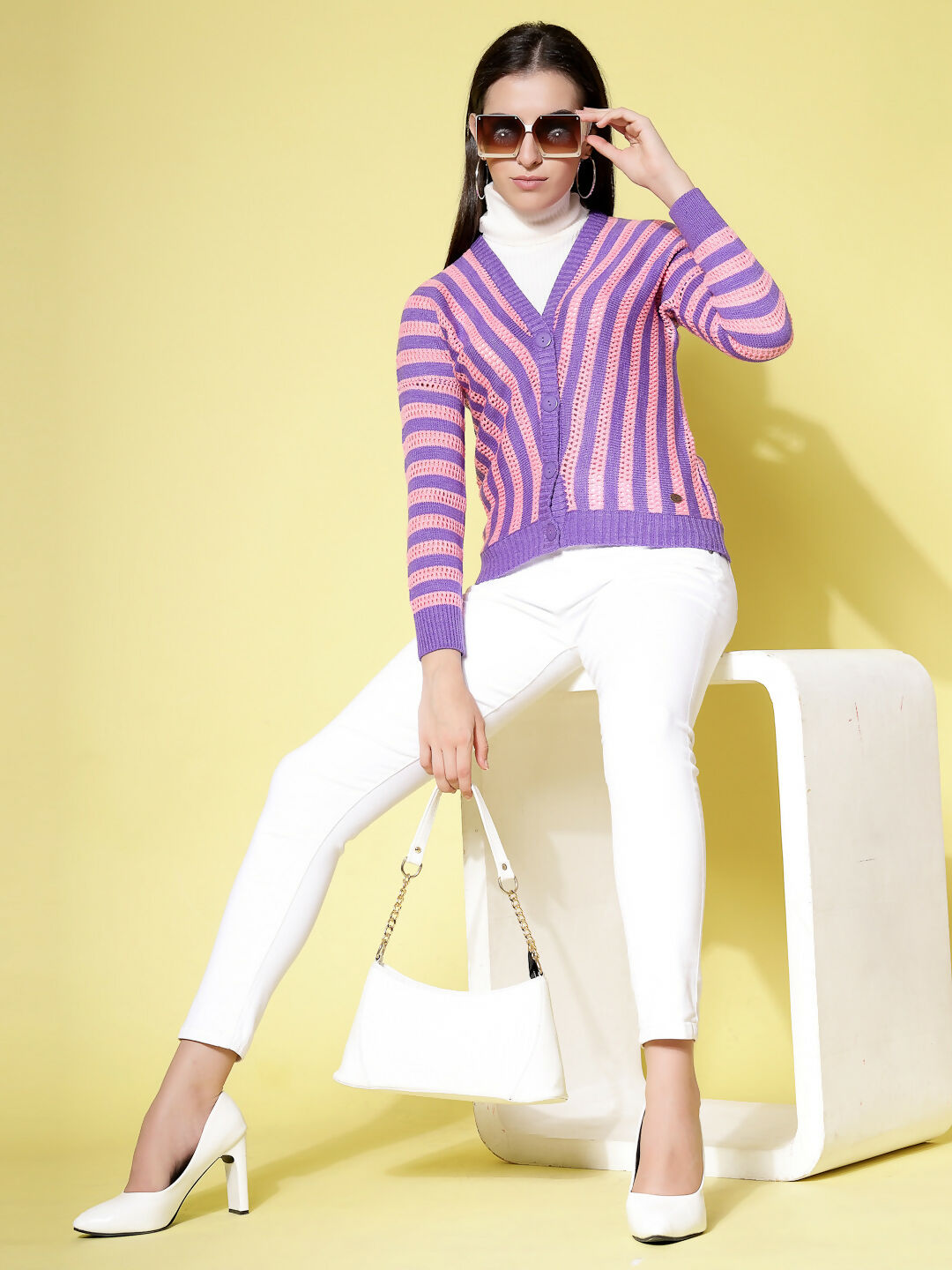 Women Violet Acrylic Stripe Cardigan - Wool Trees