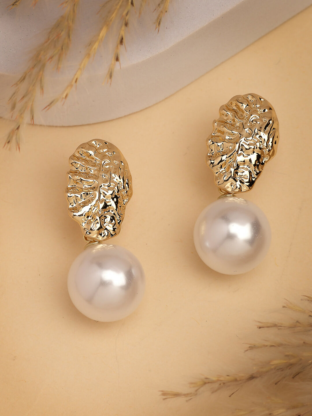 NVR Women's Gold-Polished White Pearl Drop Earrings