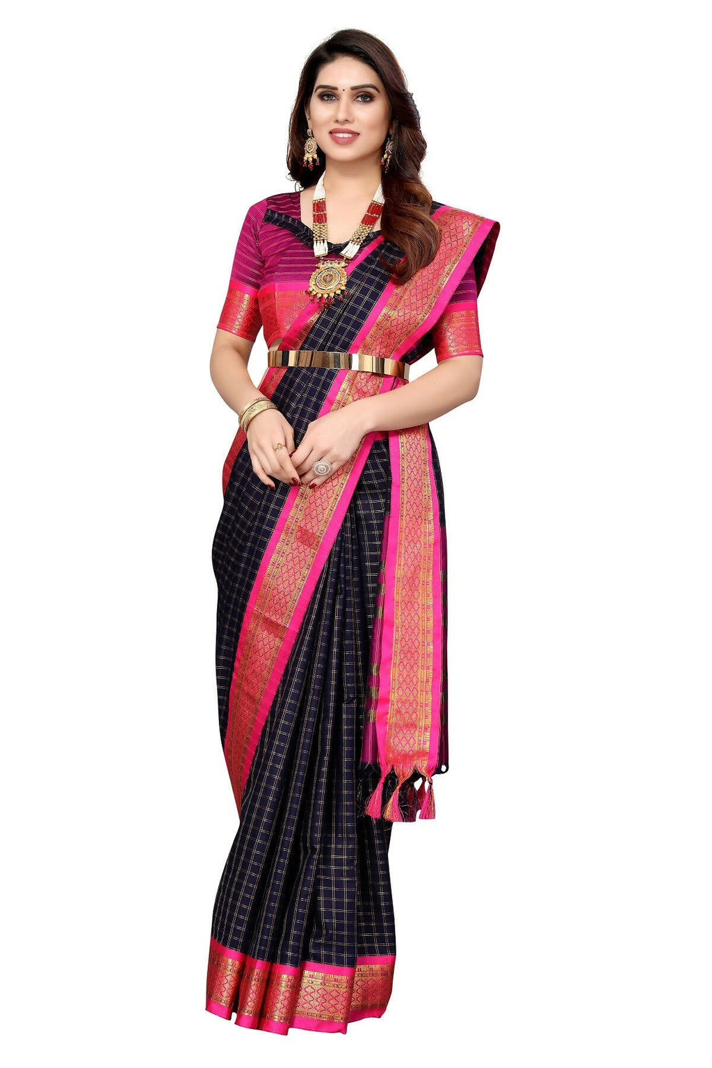 Vamika Weaving Navy Cotton Silk Saree