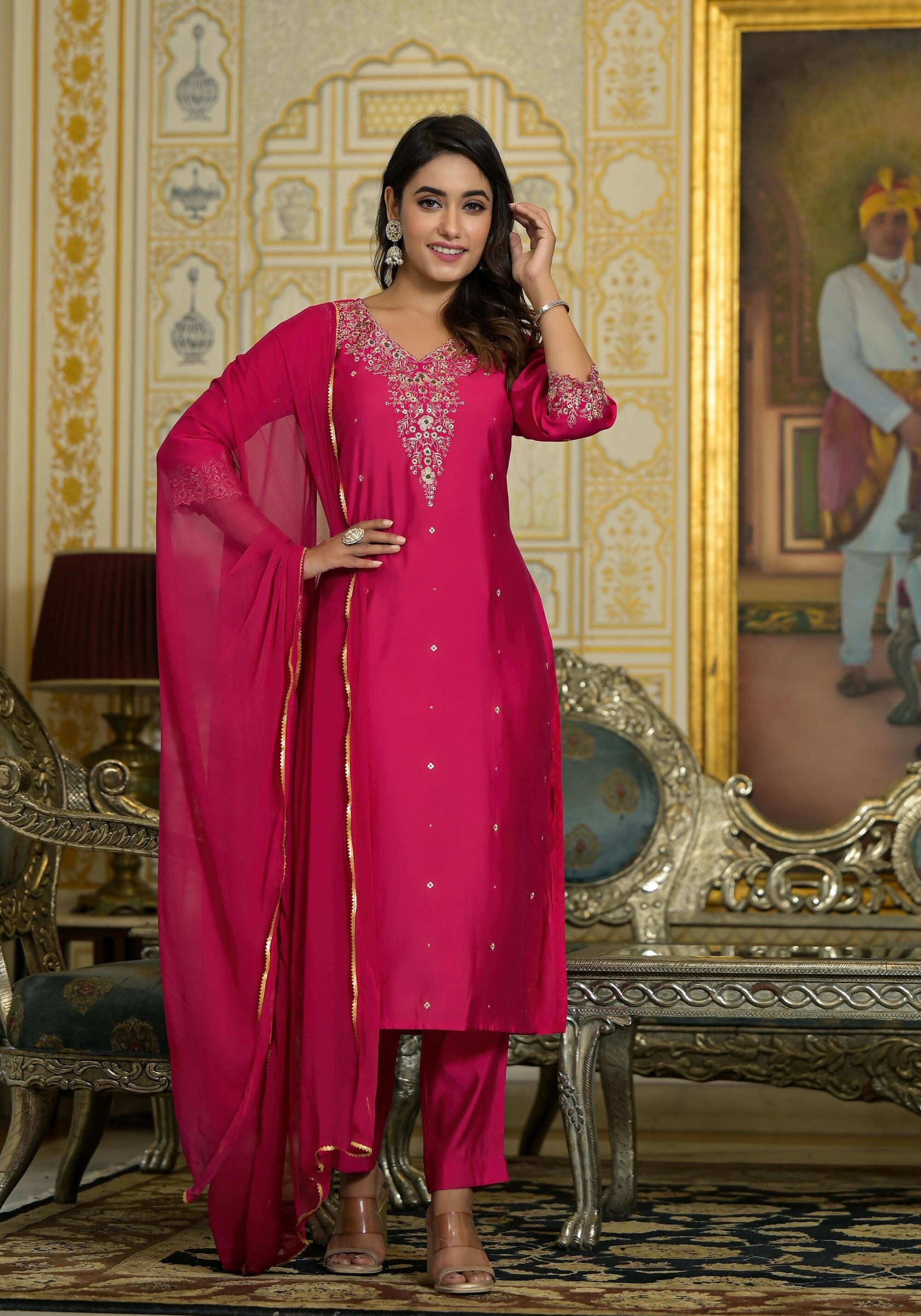 Juniper Women's Fuchsia Zari Embroidered Viscose Kurta Pant And Dupatta Set With Lace
