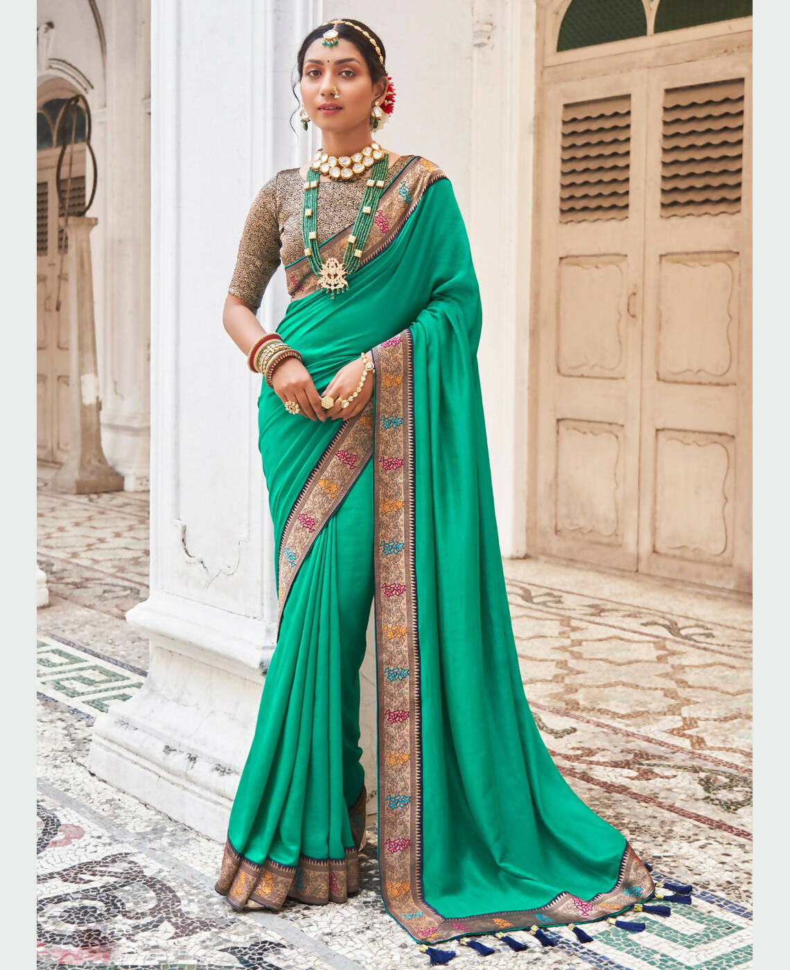 Sea Green Vichitra Solid Saree With Unstitched Blouse Piece - Juhi
