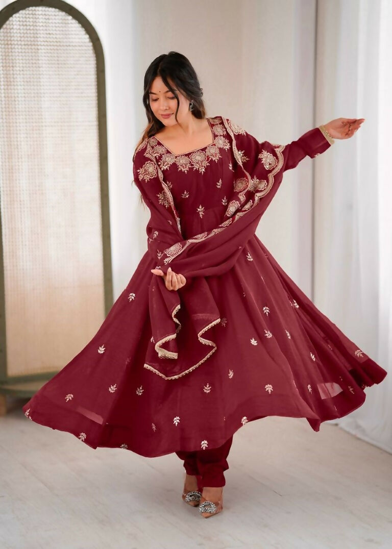Teeya Creation Maroon Color Crunchy Silk Embroidery Work Wedding Wear Gown