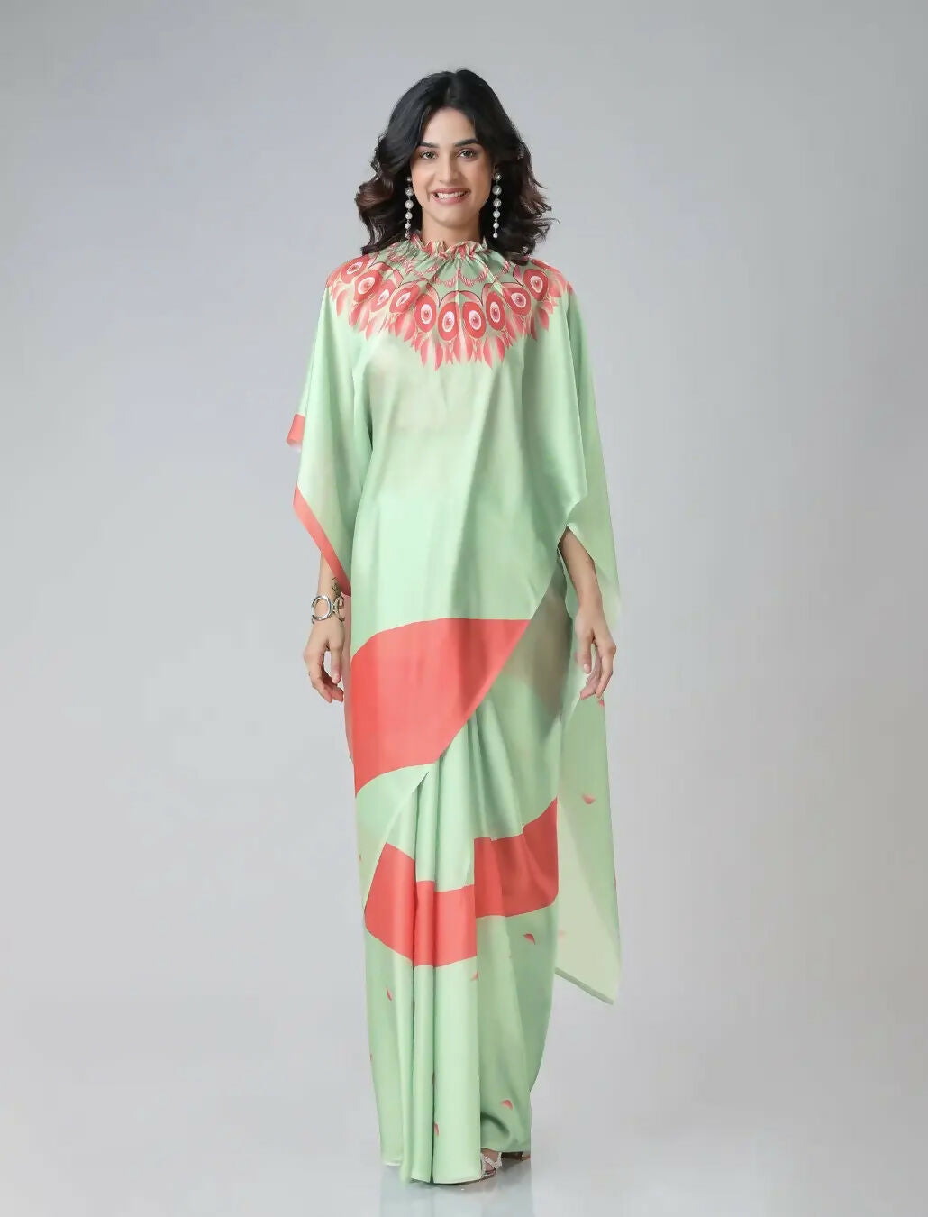 Vastranavya Mint Green & Coral Mandala Print Free Hand Ready to Wear Saree