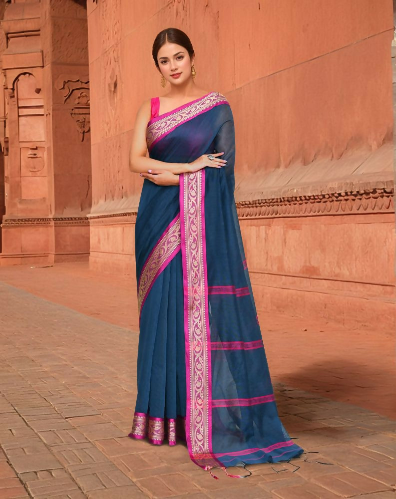 Joban Fashion Women Blue & Pink Trendy Cotton Saree