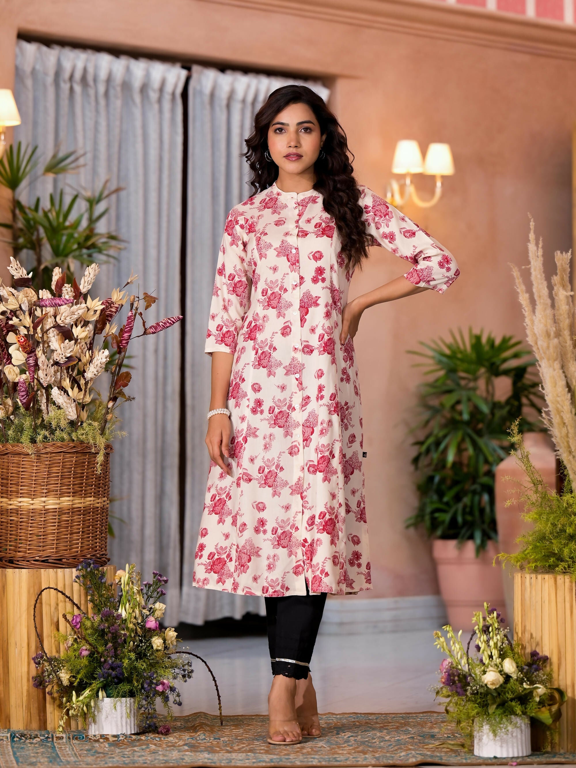 Juniper Women's Off White Floral Printed Liva Rayon Kurta With Button Closure