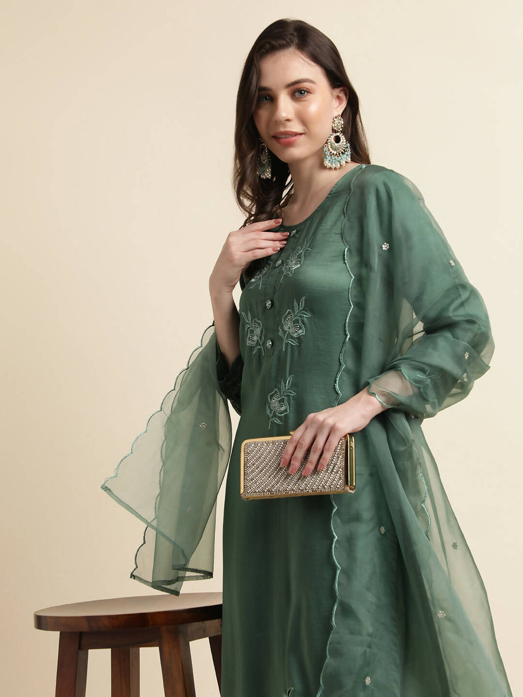Green Chinon Silk Embroidered Straight Kurta with Trouser & Dupatta - Salimar