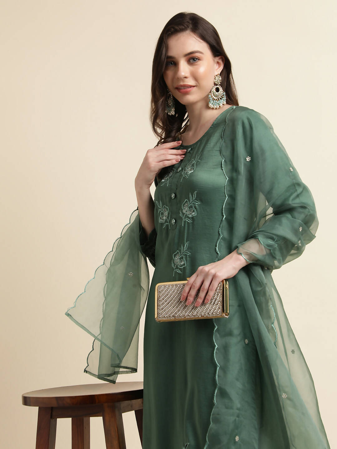 Green Chinon Silk Embroidered Straight Kurta with Trouser & Dupatta - Salimar