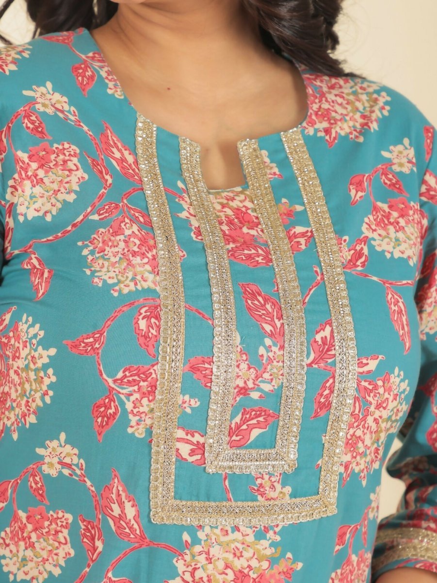 Aramya Green Soft Cotton Floral Print Straight Kurta Pant Set for Women