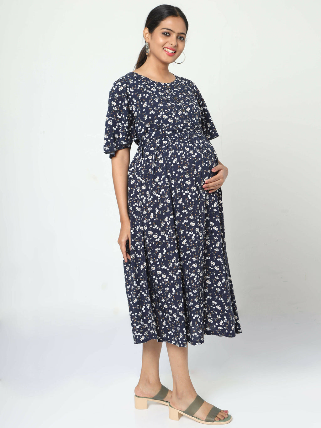 Manet Frill Slevees Maternity Dress Floral Print With Concealed Zipper Nursing Access - Navy