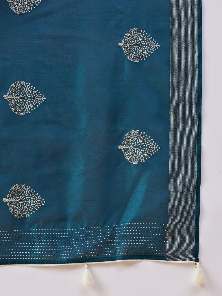 Teal Cotton Blend Thread Embroidered Saree with Unstitched Blouse - Satya