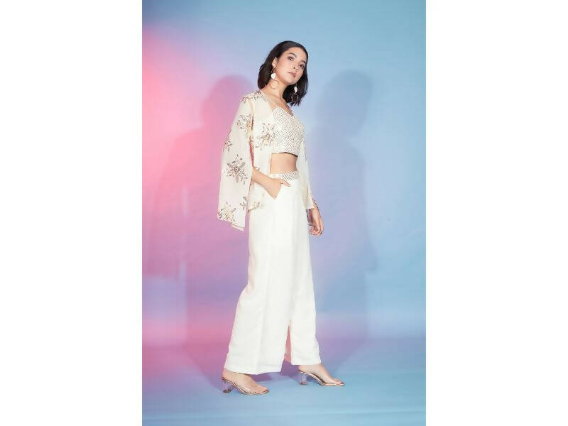 Off White Georgette Sequence With Thread Designer Co-Ord Set - Flory