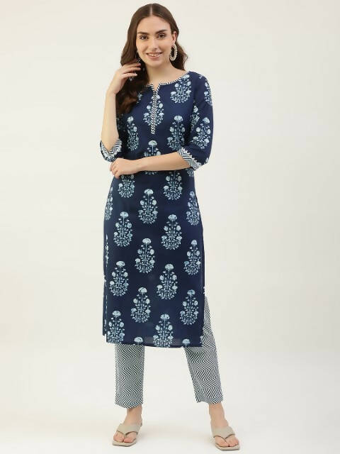 FIORRA Women's Blue Pure Cotton Straight Kurta Set