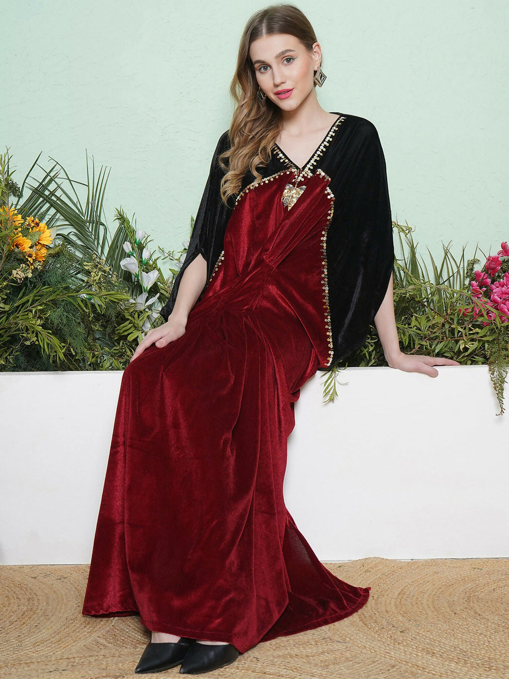 Joban Fashion Black And Maroon Hand Embellished Gown