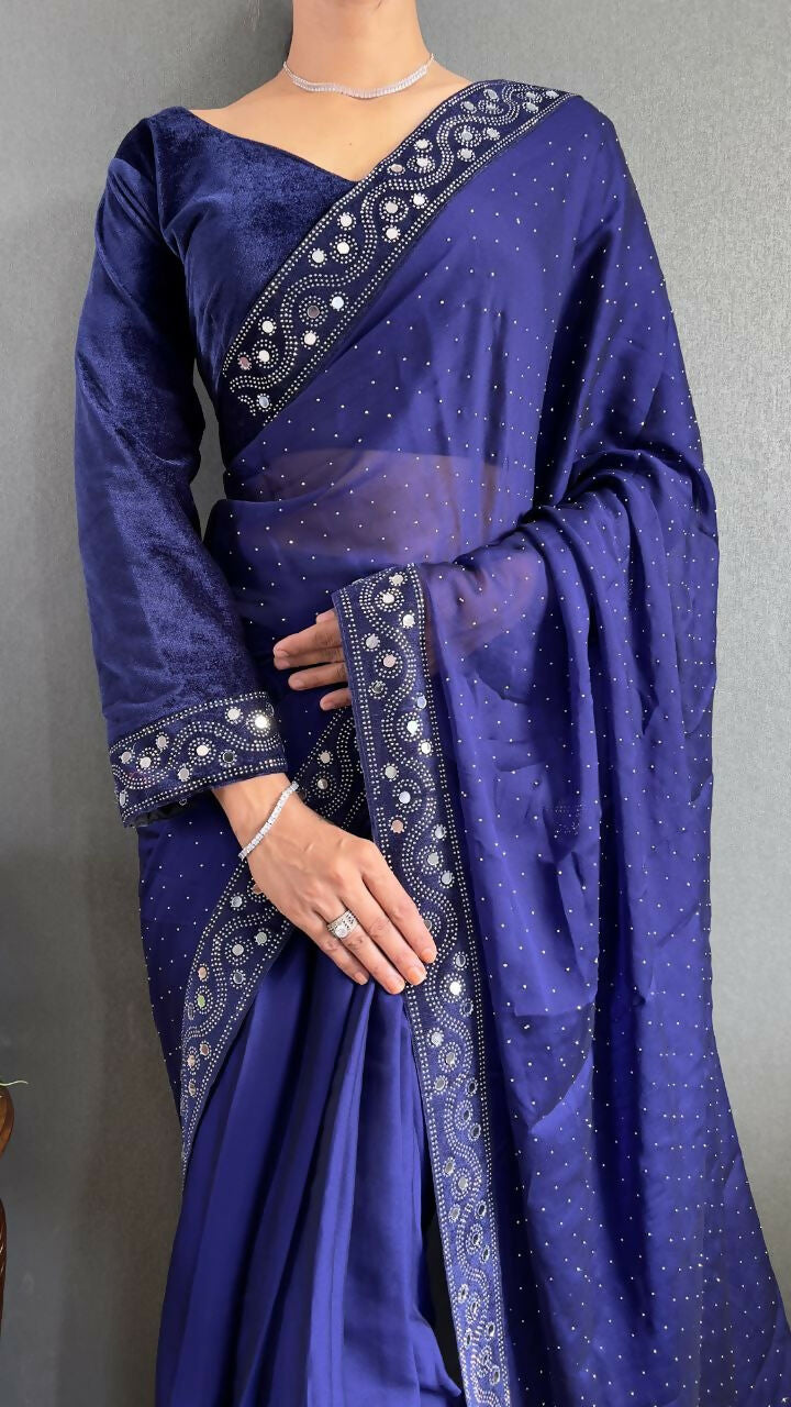 Vastranavya Blue Rangoli Silk Real Mirror work with Swarovski work Ready to Wear Saree