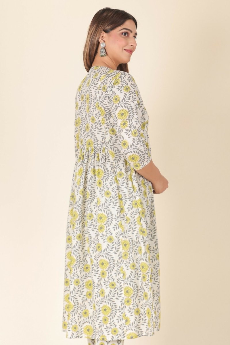 Aramya Yellow Soft Cotton Floral A-line Kurta for Women