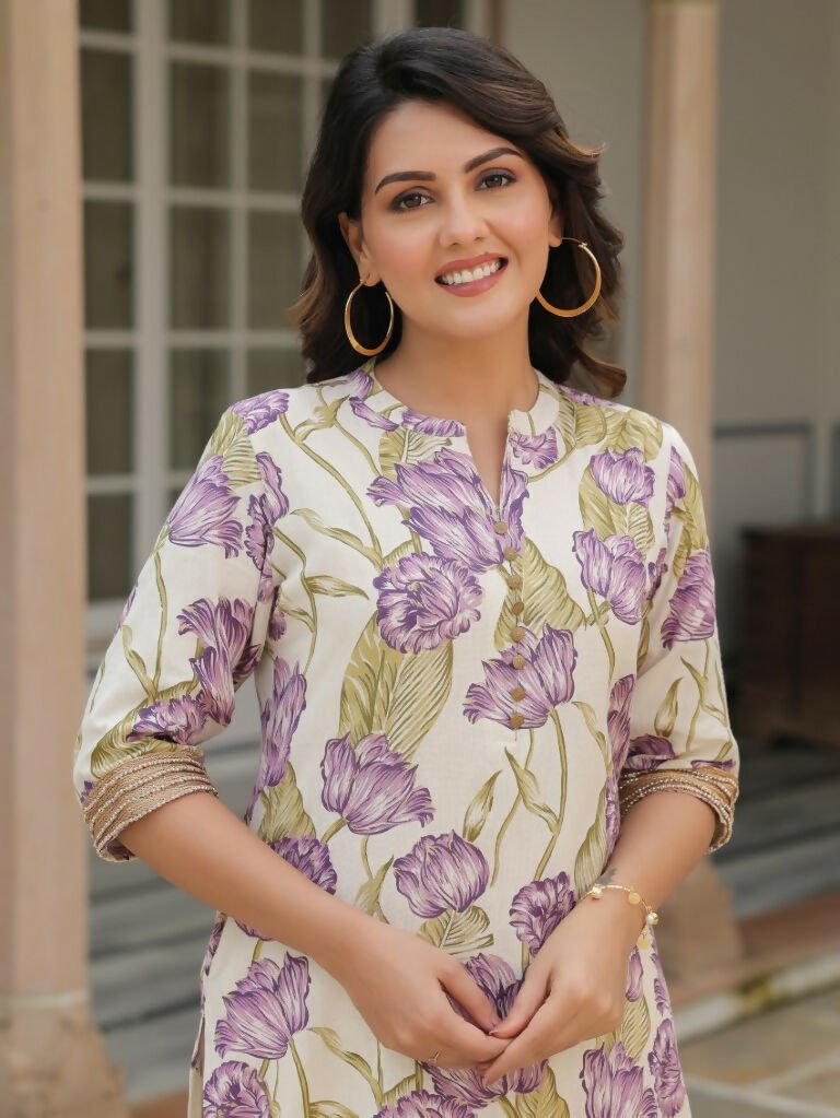 Aramya Straight Linen Cotton Floral Print Women's Kurta - Off White