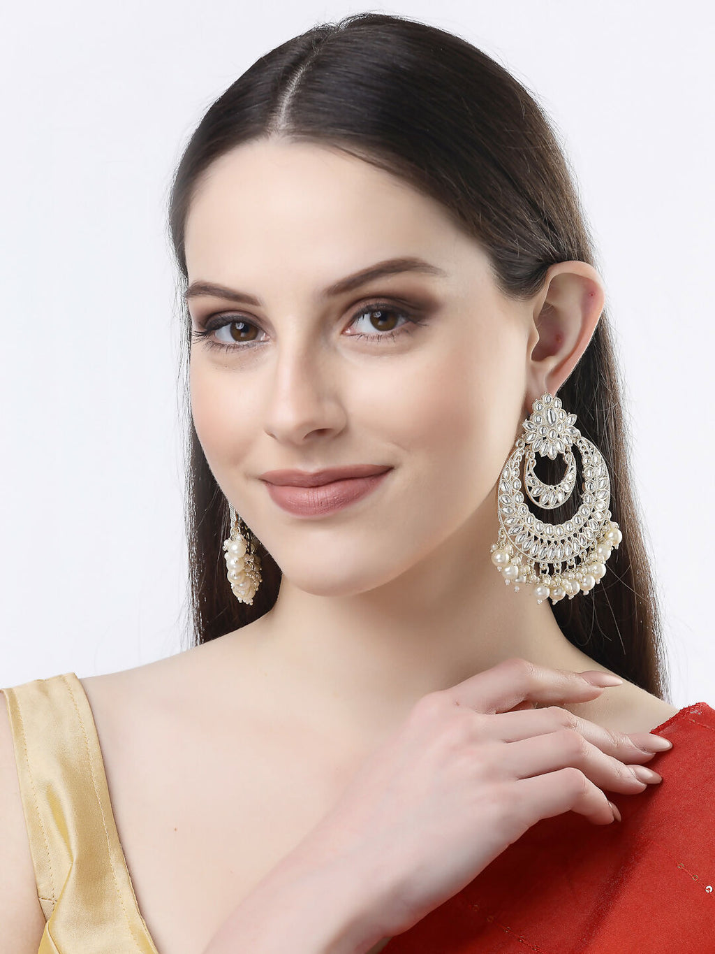 NVR Women Gold-Polished Kundan Handcrafted Chandbalis Earrings