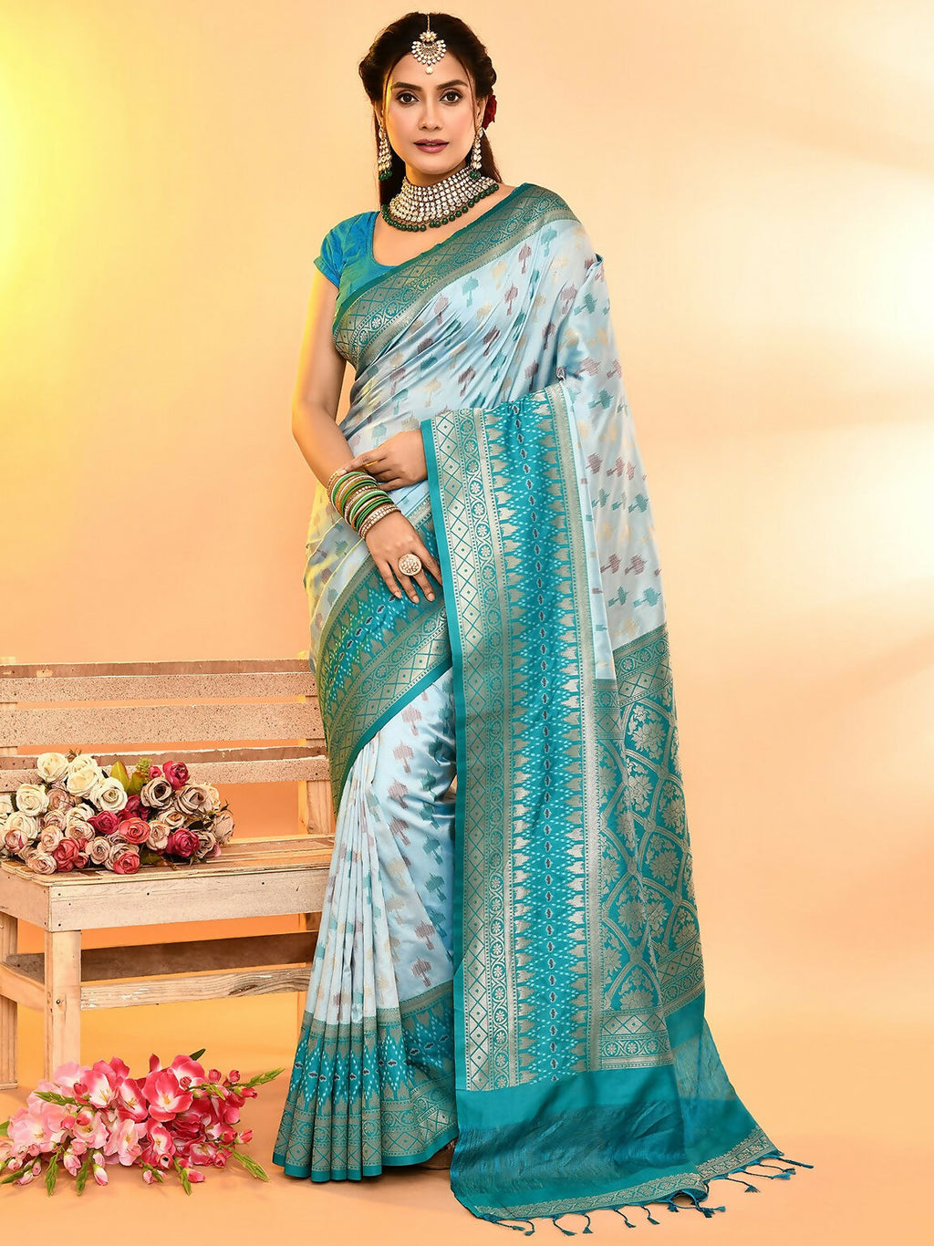 Joban Fashion Sky Blue & Rama Plain With Weaving Border Banarasi Silk Sarees