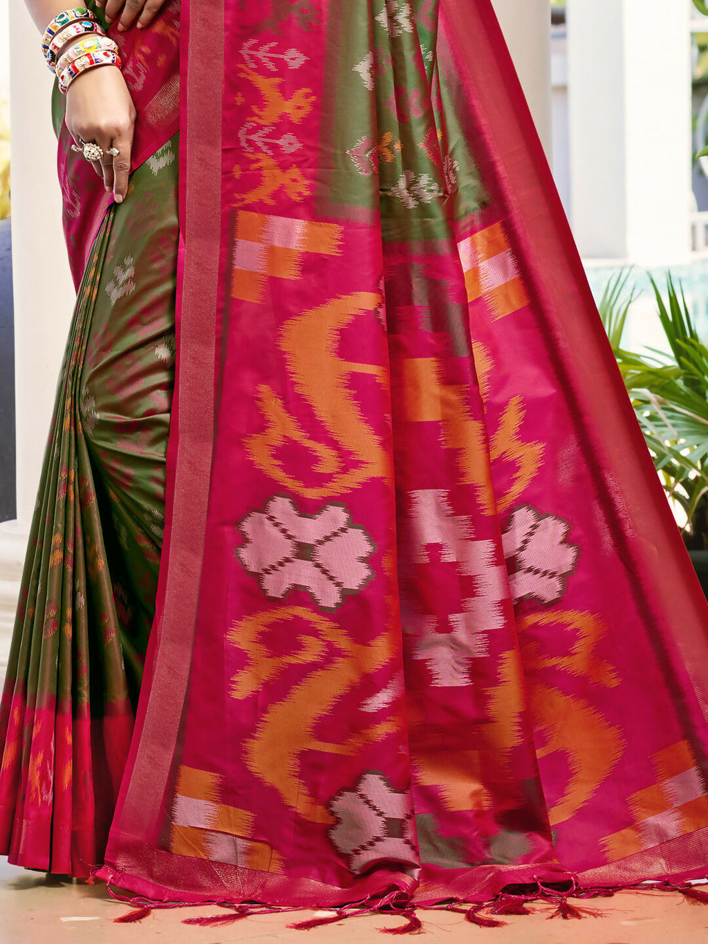 Shree Shyam Fashion Pochampalli Silk Olive Green Saree