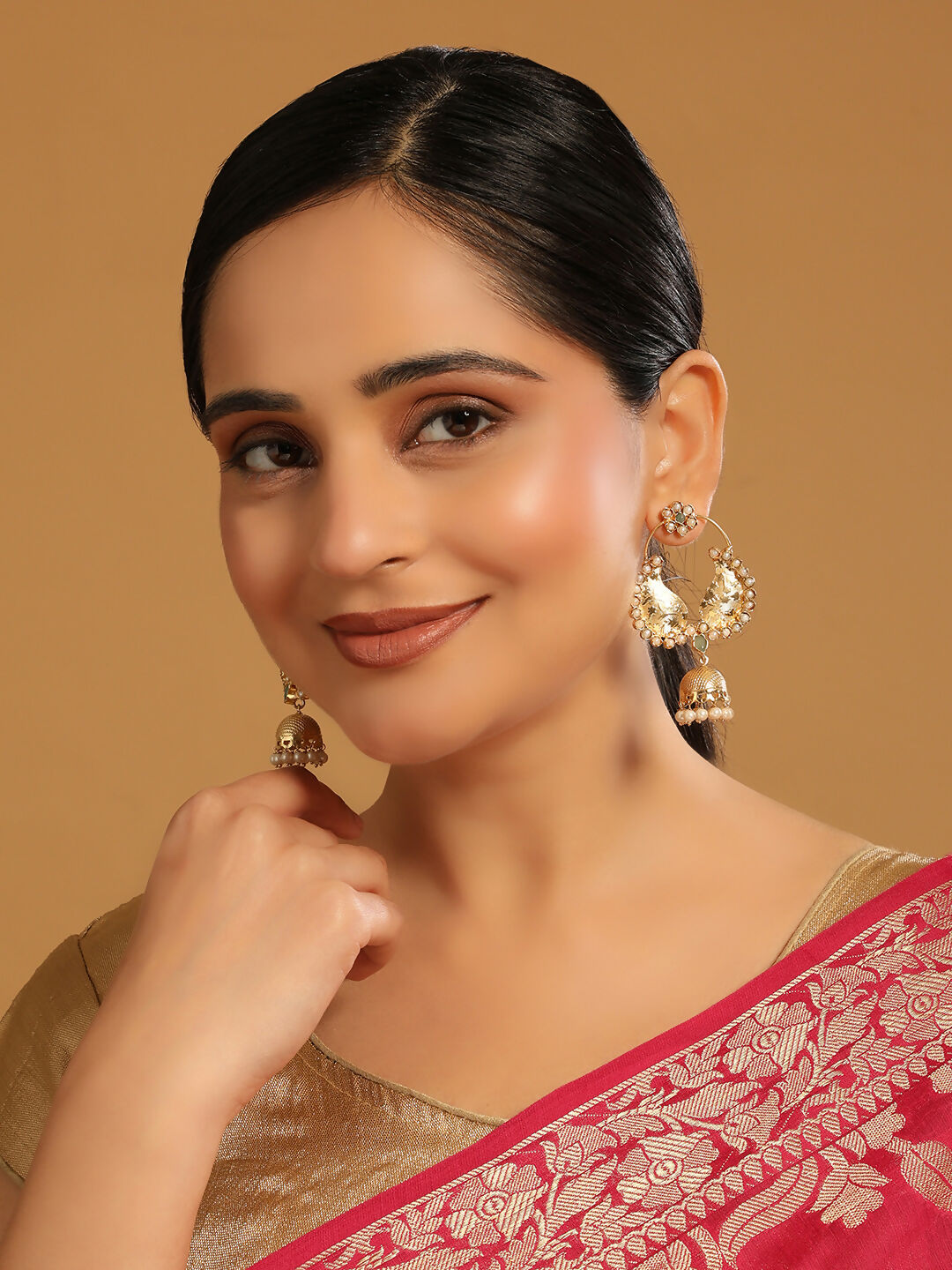 Nuyug 22K Gold Plated Pearls Studded Contemporary Shaped Mini Jhumki Drop Dangler Earrings