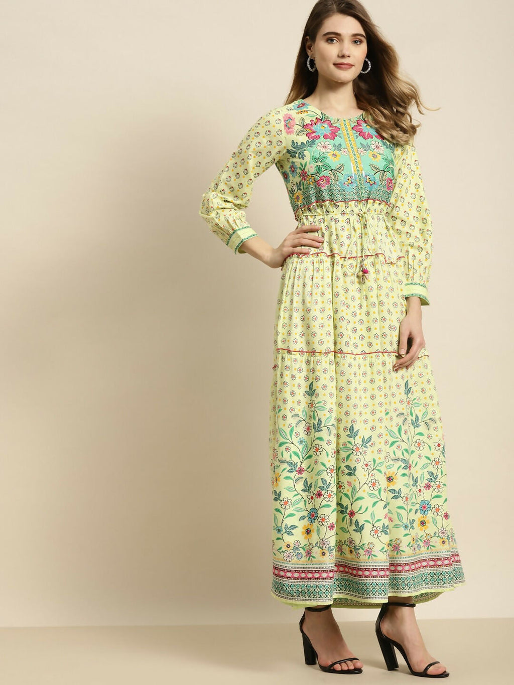 Juniper Lime Green Floral Printed Rayon Maxi Dress With Dori Tie-Up & Tassels On Waist