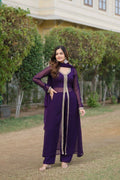 Jyoti Fashion Women's Purple Faux Blooming Embroidered Kurta with Trouser & Dupatta