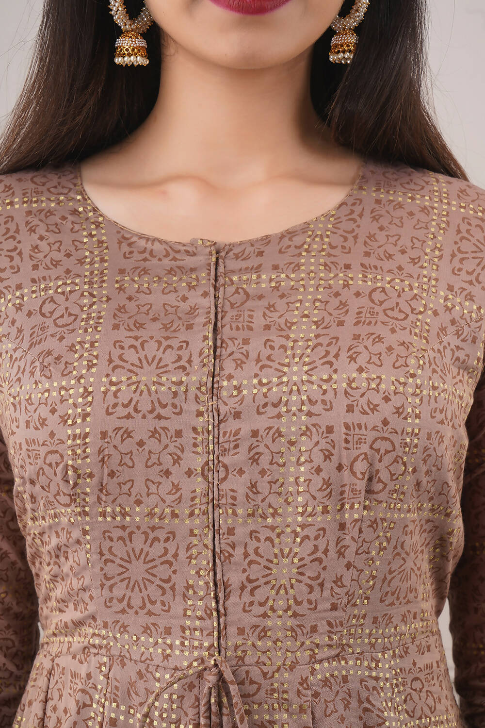 Partywear Designer Hand Screen and Foil Print Lightbrown Pure chanderi Gown - Anbazaar