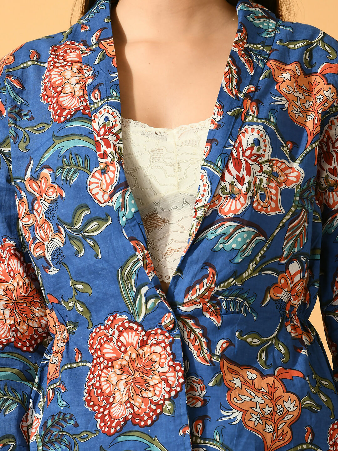 Myshka Women's Blue Printed Coat With Trousers