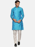 Sethukrishna Men Turquoise Blue Angrakha Kurta with Trousers