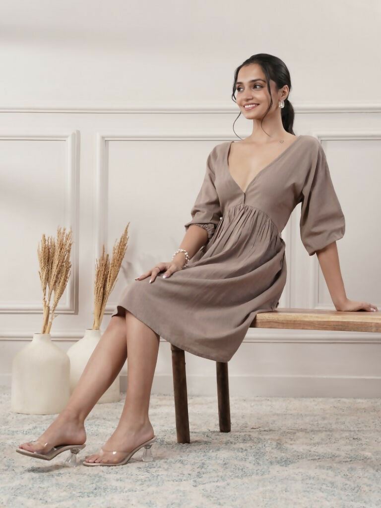 Joban Fashion Women's Brown Cotton V-Neck Dress
