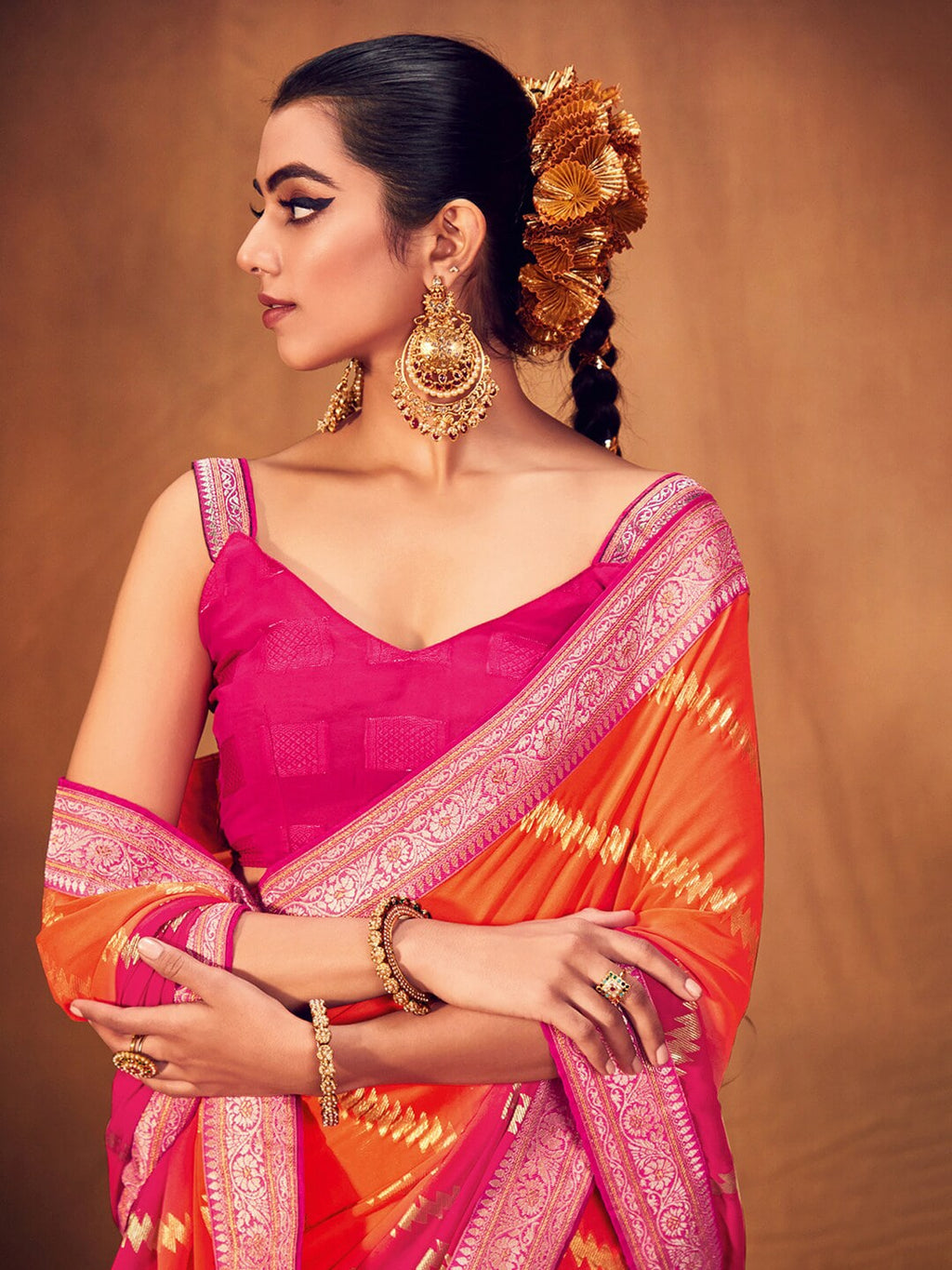 Saree Mall Striped Woven Design Zari Pure Georgette Sarees