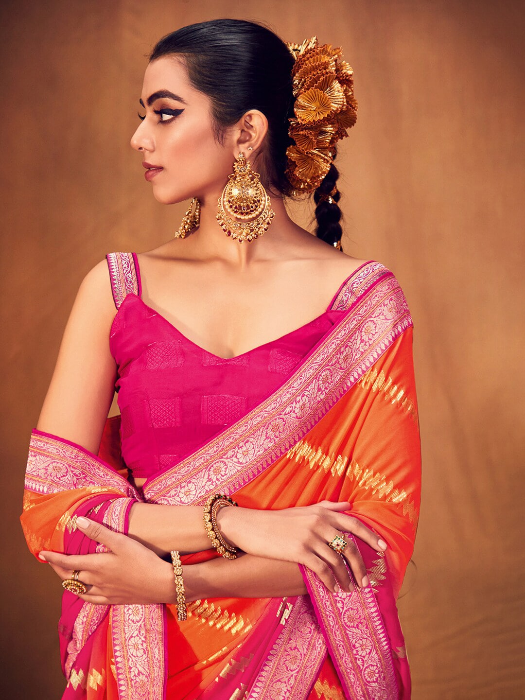 Saree Mall Striped Woven Design Zari Pure Georgette Sarees