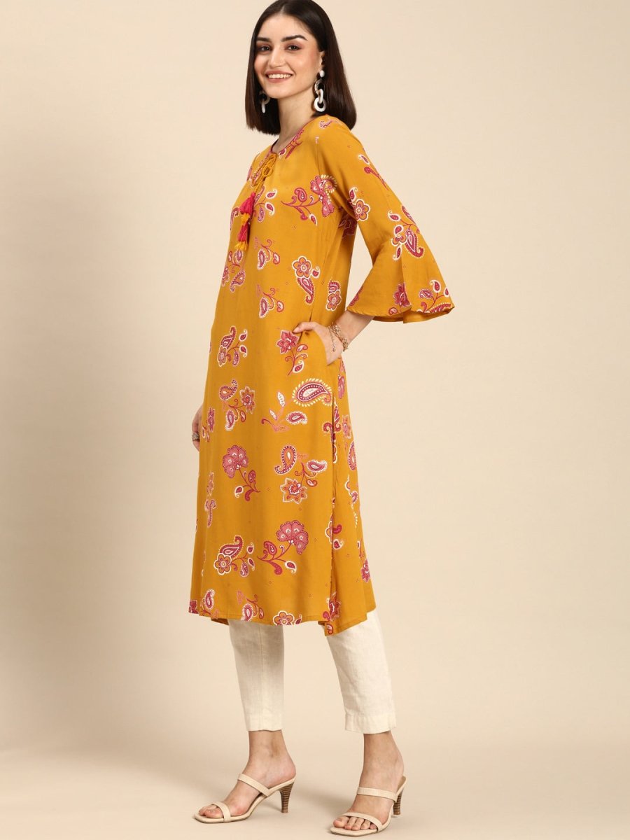 All About You Women Mustard Yellow Ethnic Motifs Printed Flared Sleeves Kurta