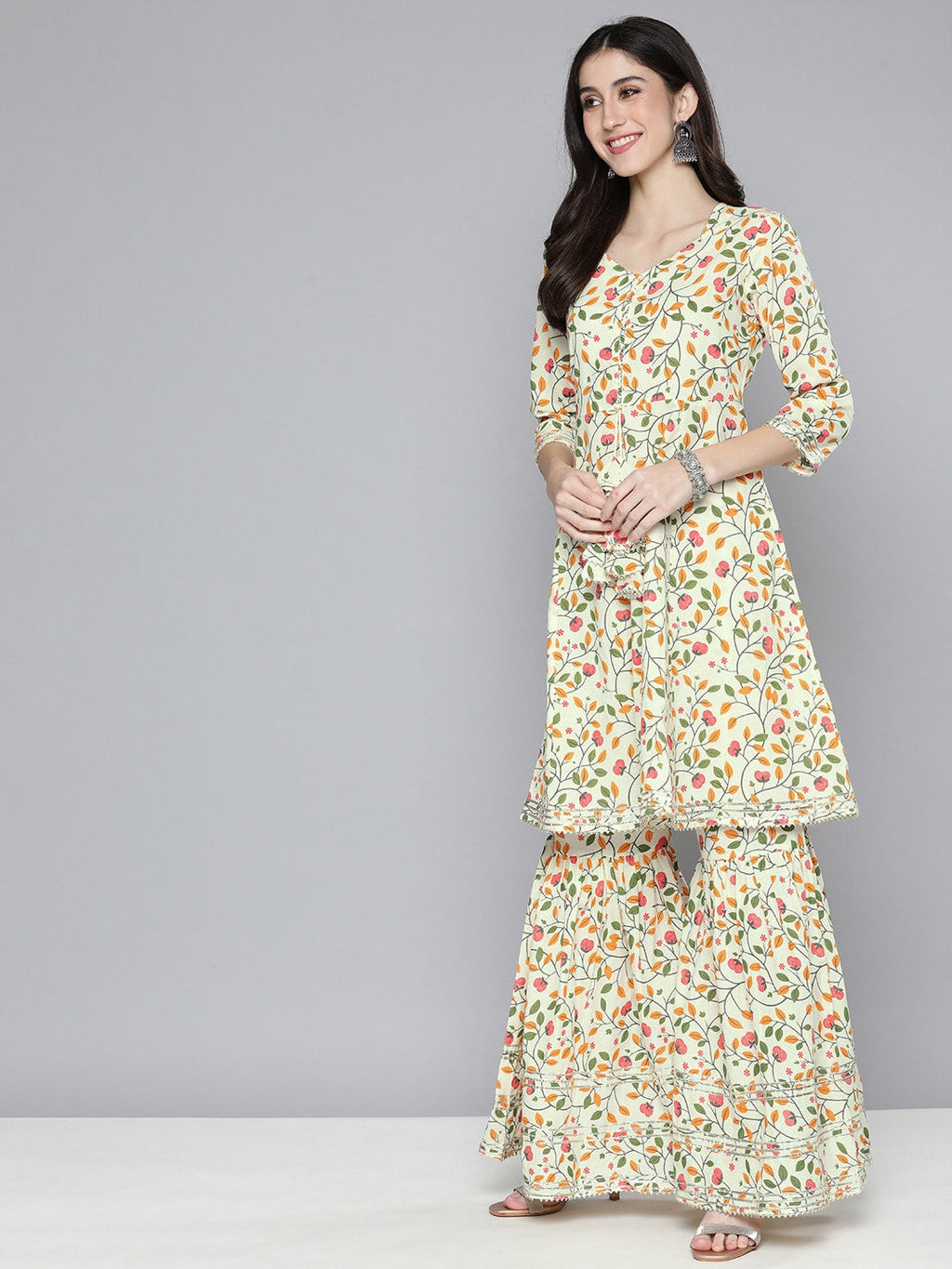 HERE&NOW Women Floral Printed Gotta Patti Pure Cotton Kurta with Sharara & Dupatta